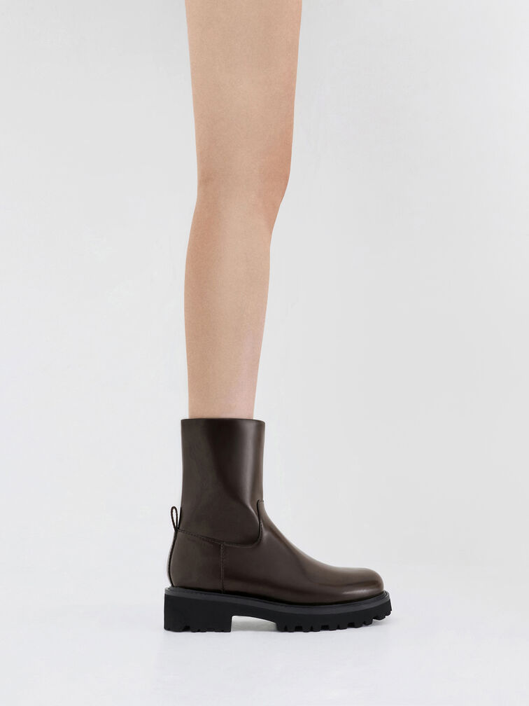 Devan Side-Zip Ridged-Sole Calf Boots, Dark Brown, hi-res