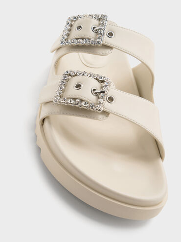Sandalias de doble tira y hebilla con gemas, Blanco tiza, hi-res