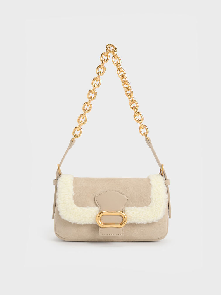 Daki Fur-Trim Belted Shoulder Bag, Beige, hi-res