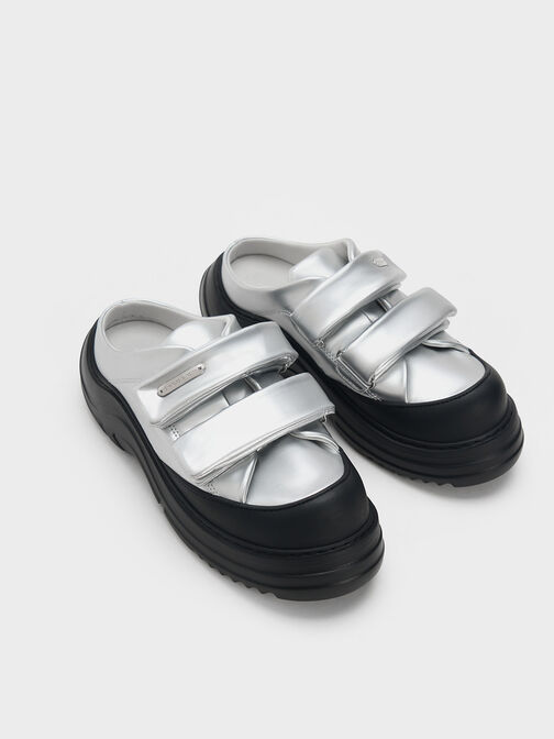 Nylon Metallic Padded Double-Strap Slip-On Sneakers, Silver, hi-res