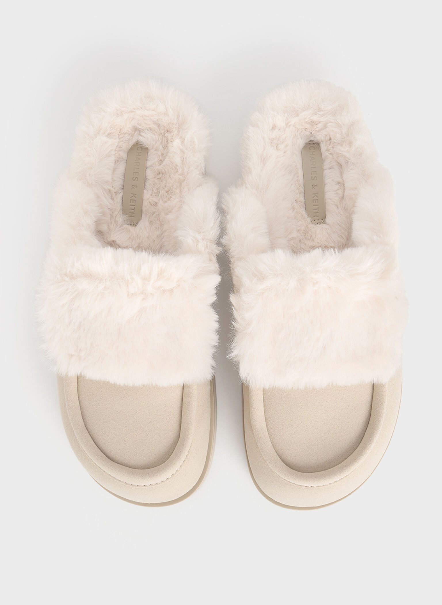 Textured Fur-Trim Flatform Mules, Beige, hi-res