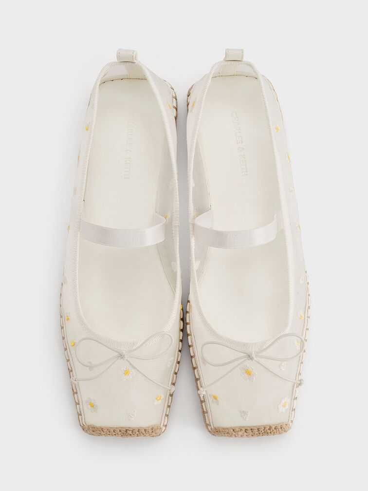 Mesh Floral-Embroidered Bow Tie-Around Espadrille Ballet Flats, Blanco, hi-res