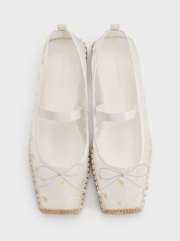 Mesh Floral-Embroidered Bow Tie-Around Espadrille Ballet Flats, White, hi-res
