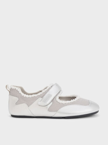 Metallic Mesh Pearl-Embellished Mary Jane Sneakers, Silver, hi-res