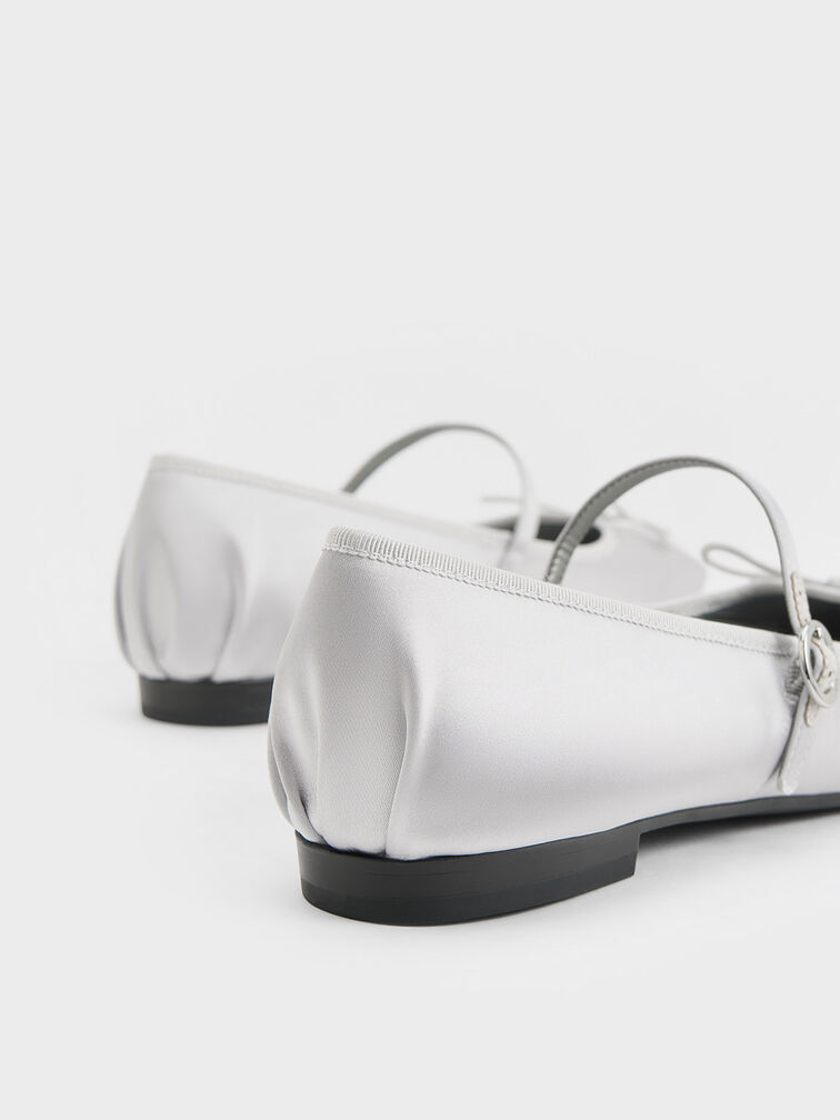 Emiko Satin Bow Mary Jane Flats, Silver, hi-res