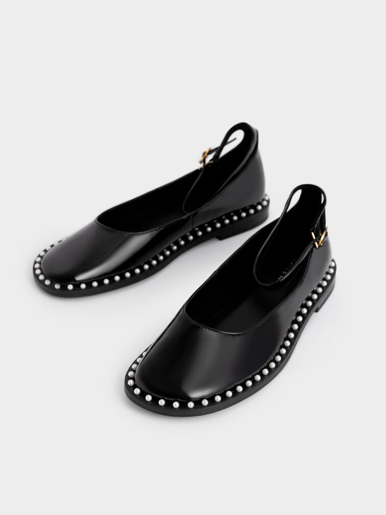 Bead-Embellished Patent Ankle Strap Ballerinas, Black, hi-res
