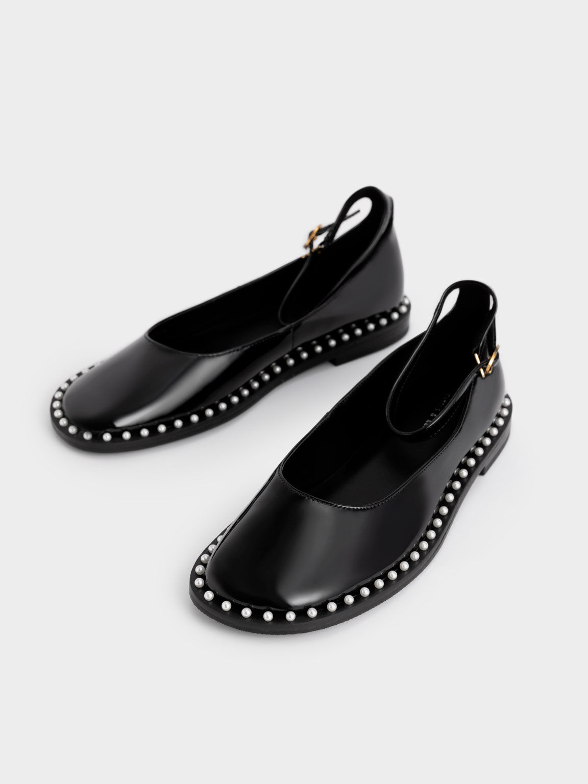 Bead-Embellished Patent Ankle Strap Ballerinas, Black, hi-res