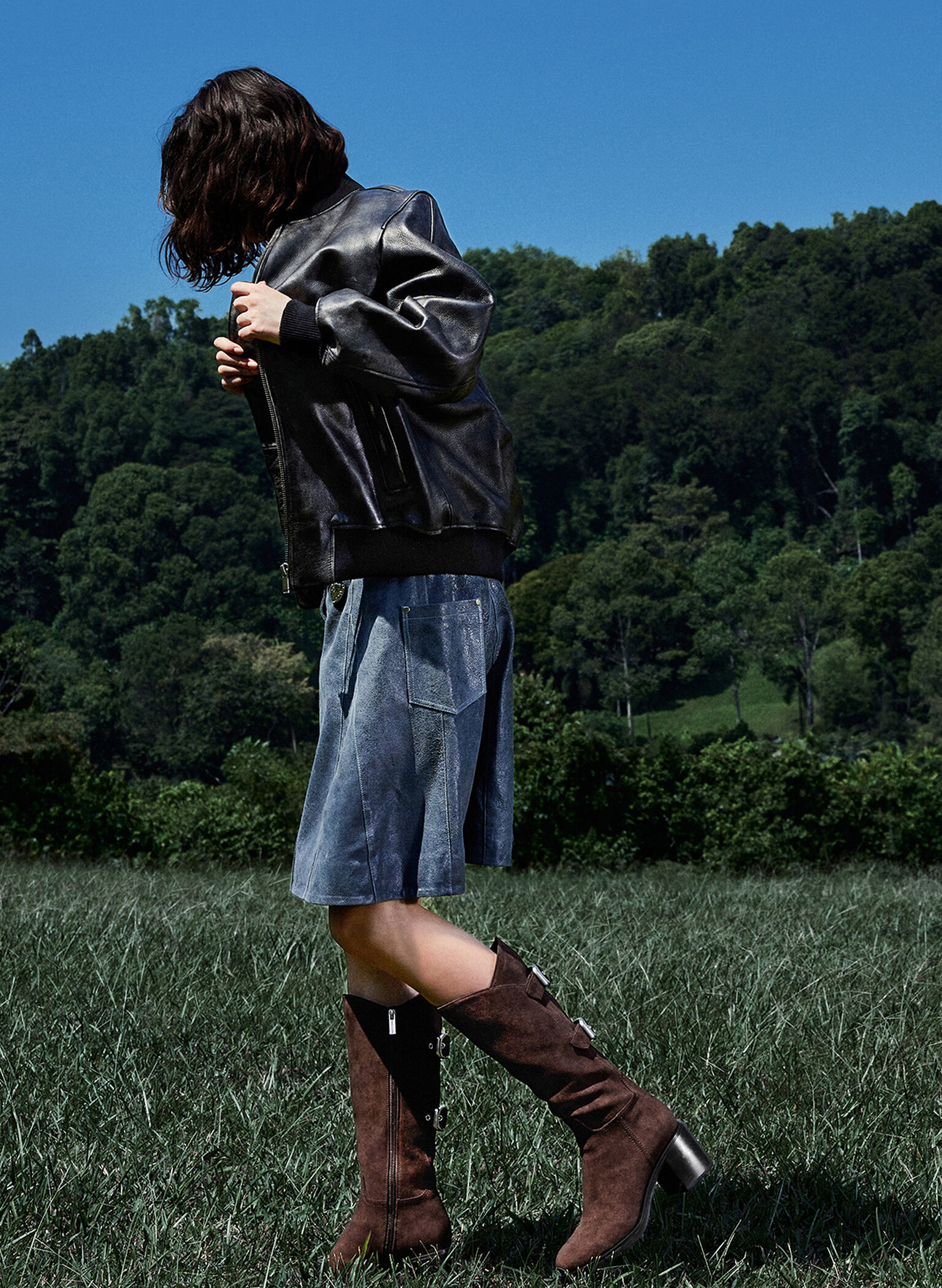 Masei Faux Suede Grommet-Strap Knee-High Boots, Dark Brown, hi-res