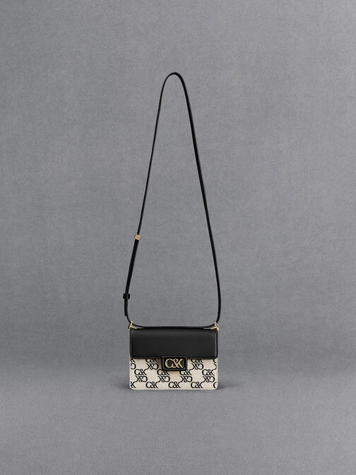 Bolso estructurado rectangular de cuero y lona con monograma, Negro, hi-res