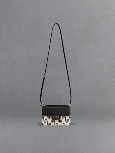 Leather & Canvas Monogram Boxy Bag, Black, hi-res