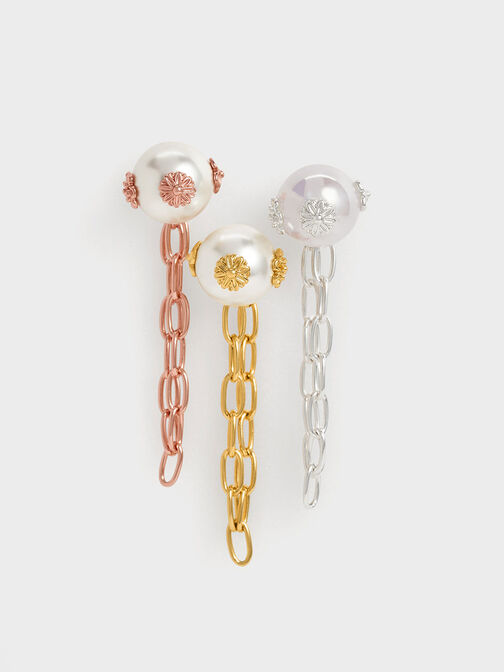 Flower-Embellished Pearl Drop Earrings, Silver, hi-res