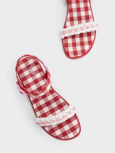 Girls' Floral Gingham Sandals, Red, hi-res