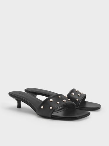 Susie Pearl-Embellished Square-Toe Kitten-Heel Mules, Black, hi-res