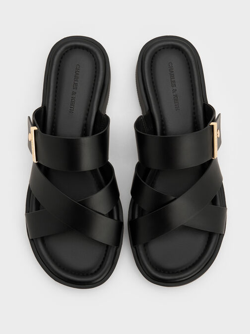 Metallic-Accent Crossover-Strap Slide Sandals, Black, hi-res