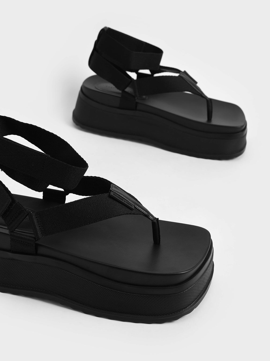 Joss Ankle-Strap Flatform Thong Sandals, Black, hi-res