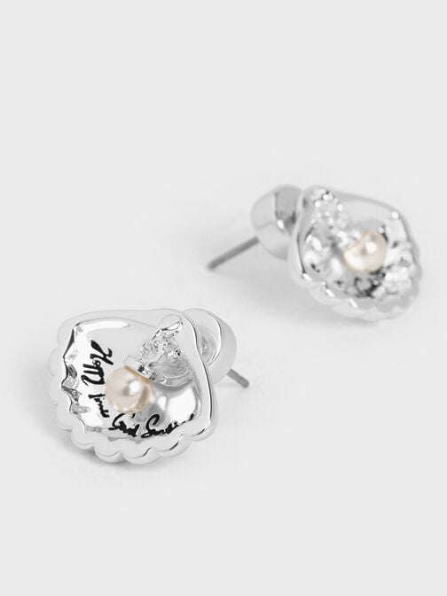 Oceana Scallop Pearl Crystal Stud Earrings, Silver, hi-res