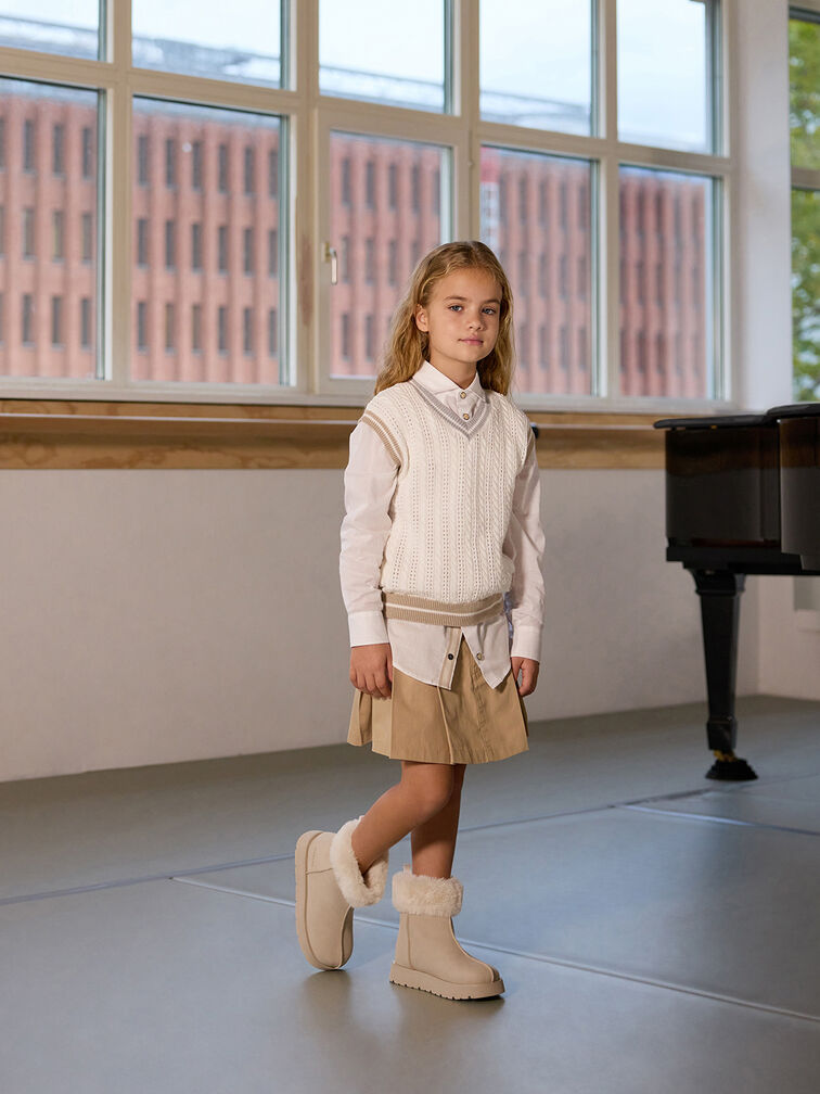 Girls' Faux Suede Fur-Trim Ankle Boots, Beige, hi-res