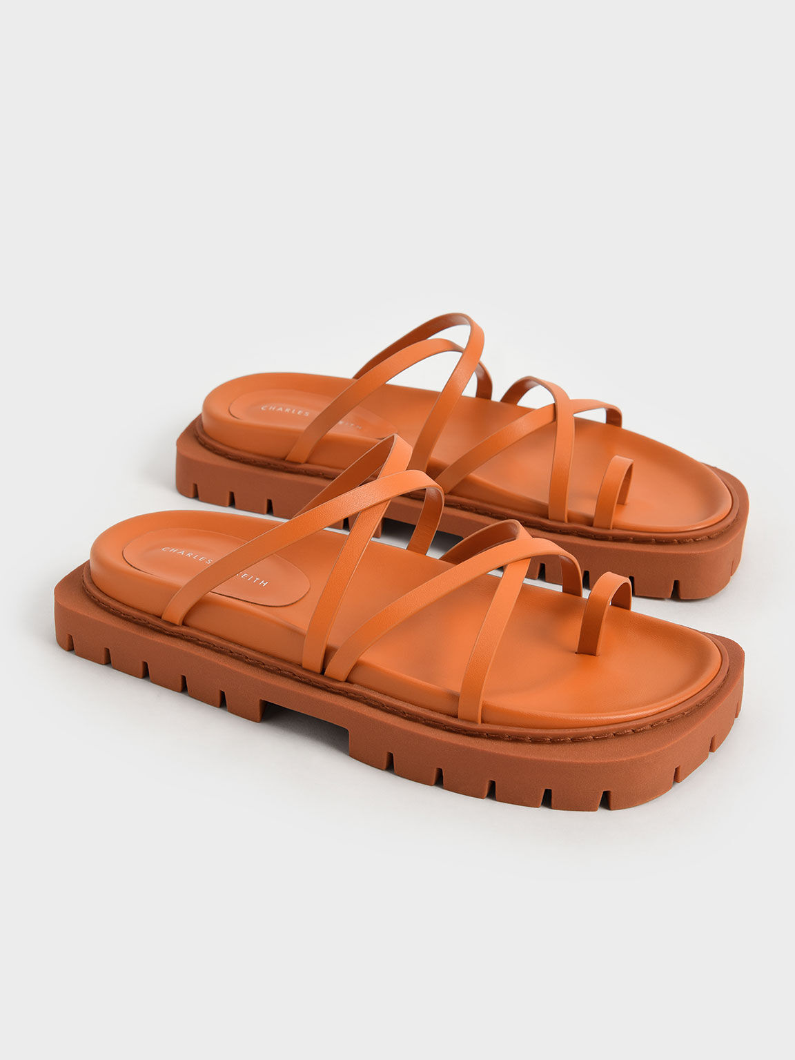 Strappy Cleated Sole Sandals, Orange, hi-res