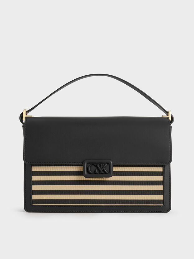 Leather & Canvas Striped Shoulder Bag, Multi, hi-res