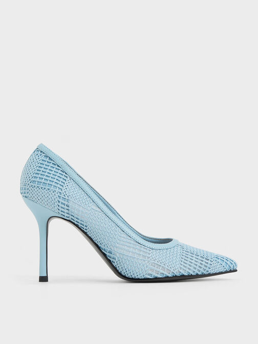 Mesh Woven Pointed-Toe Pumps, Blue, hi-res