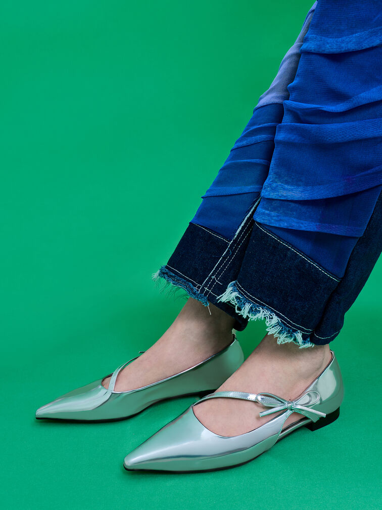 Metallic Pointed-Toe Bow-Strap Flats, Silver, hi-res