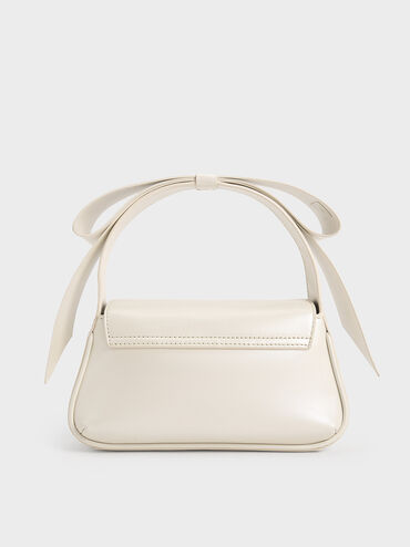Bolso de cuero con asa superior y lazo, Blanco, hi-res