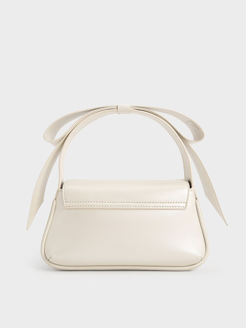 Bolso de cuero con asa superior y lazo, Blanco, hi-res