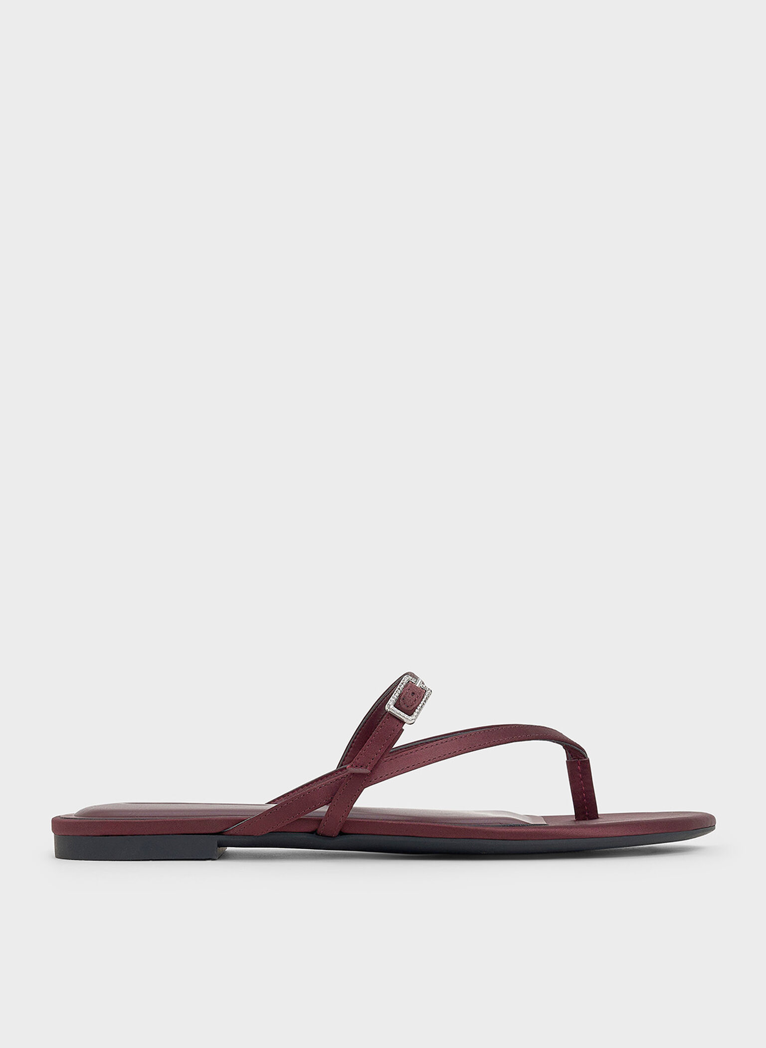 Recycled Polyester Crystal-Buckle Strappy Thong Sandals, Burgundy, hi-res