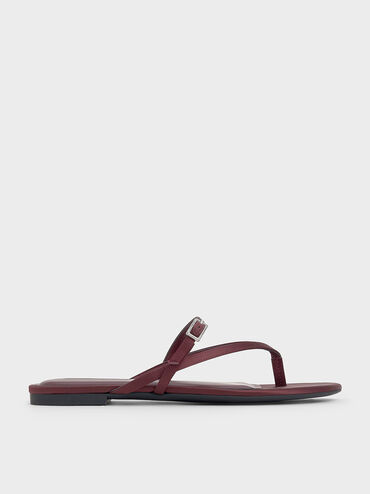 Recycled Polyester Crystal-Buckle Strappy Thong Sandals, Burgundy, hi-res