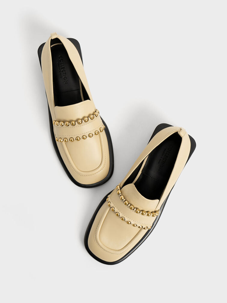 Studded Leather Penny Loafers, Sand, hi-res
