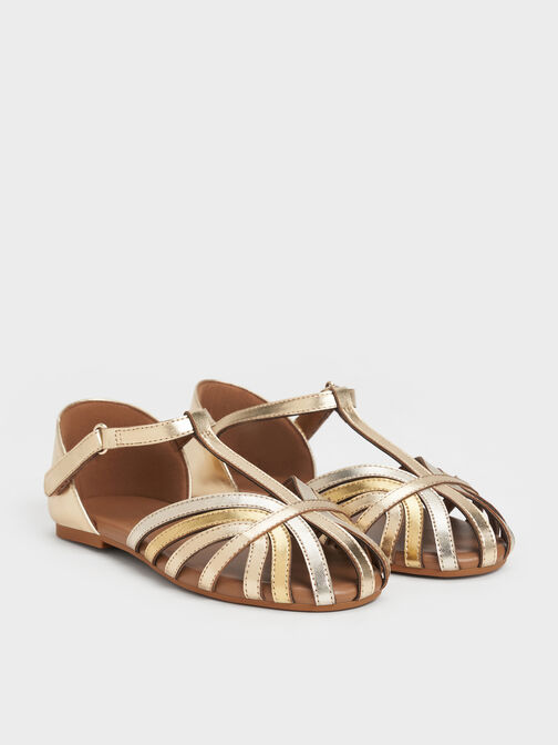 Girls' Metallic Caged T-Bar Sandals, Gold, hi-res