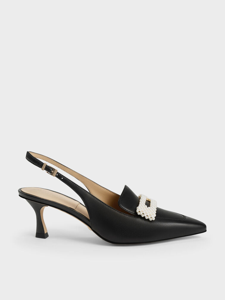 Leather Beaded Slingback Pumps, Black, hi-res