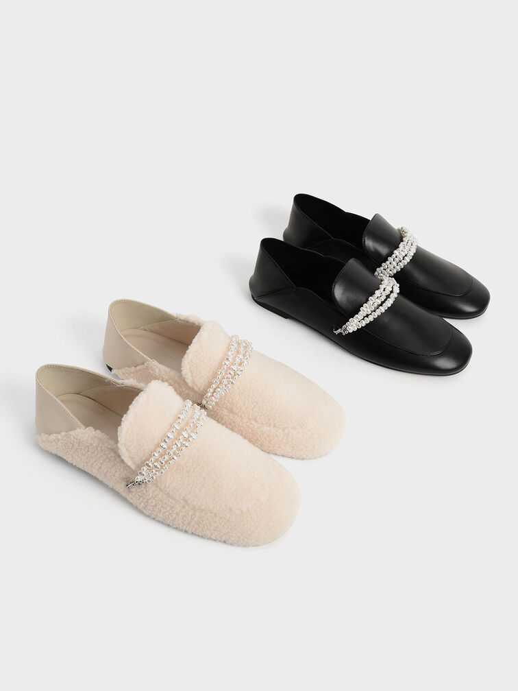 Beaded Furry Step-Back Loafers, Chalk, hi-res