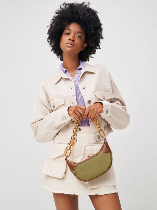 Shalia Canvas Chain-Handle Moon Bag, Avocado, hi-res