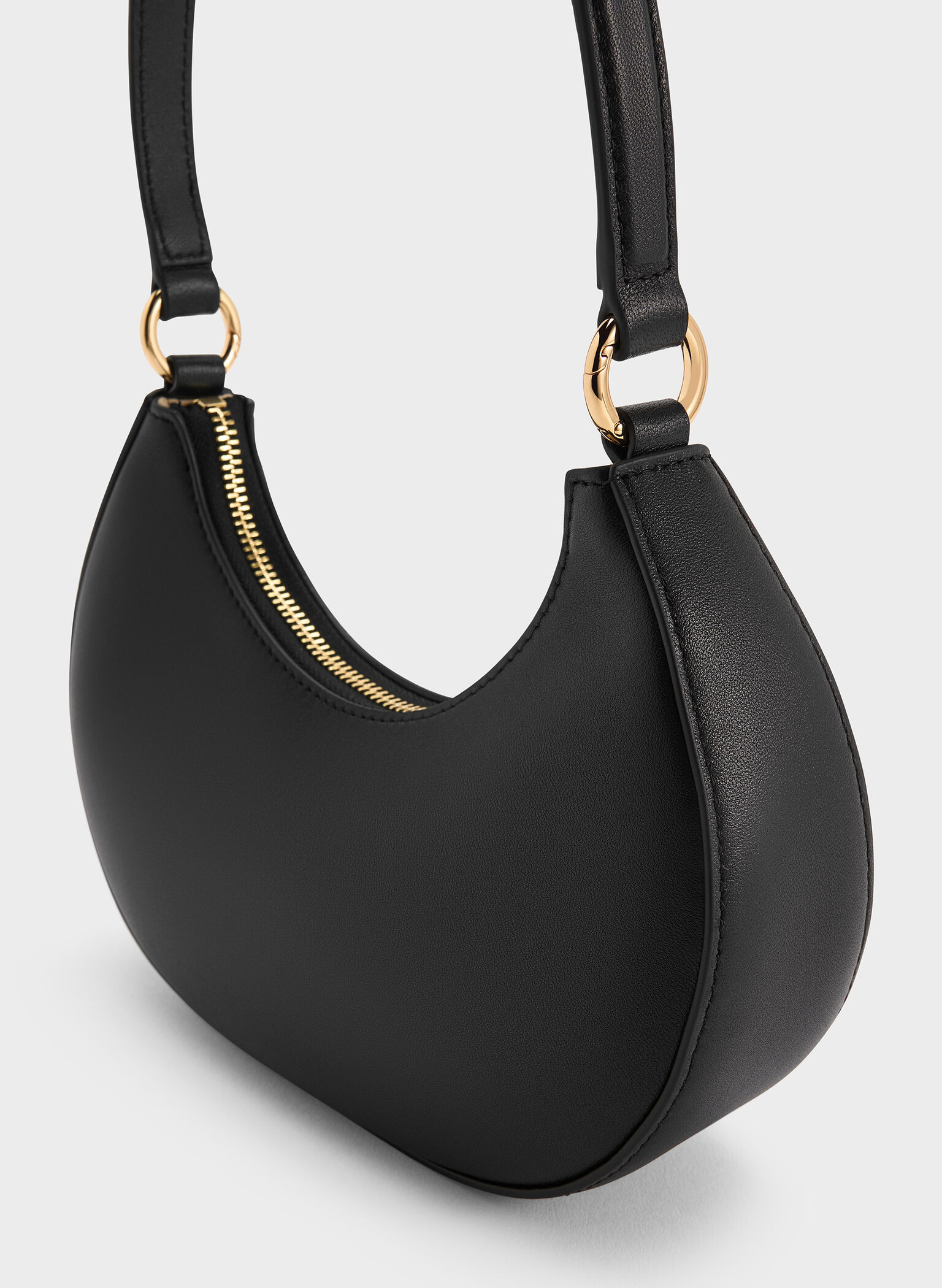 Leather Crescent Hobo Bag, Black, hi-res