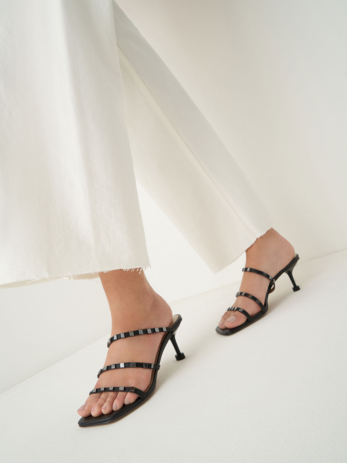 Leather Embellished Sculptural Heel Sandals, Black, hi-res