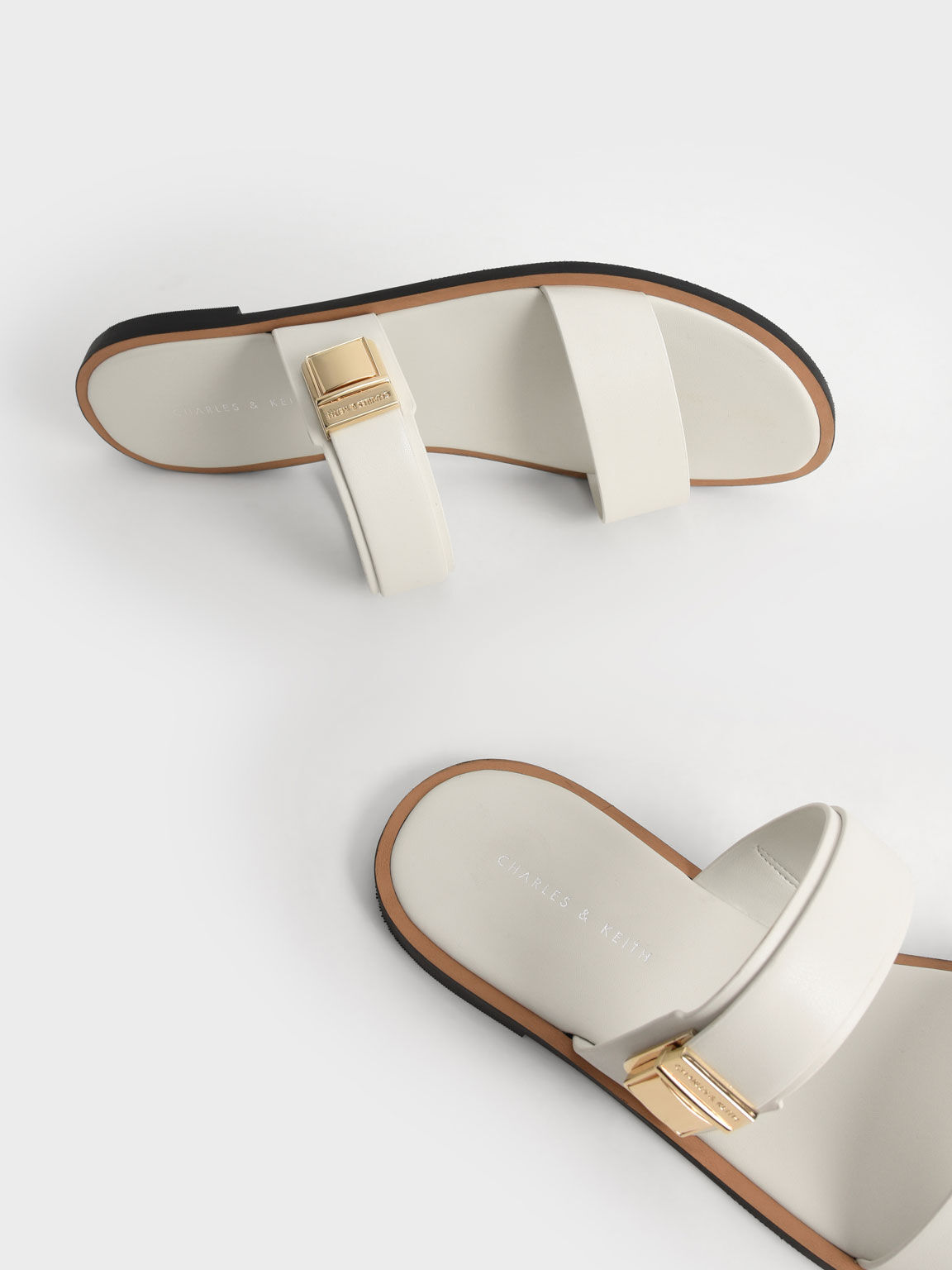 Metallic Buckle Slide Sandals, Chalk, hi-res