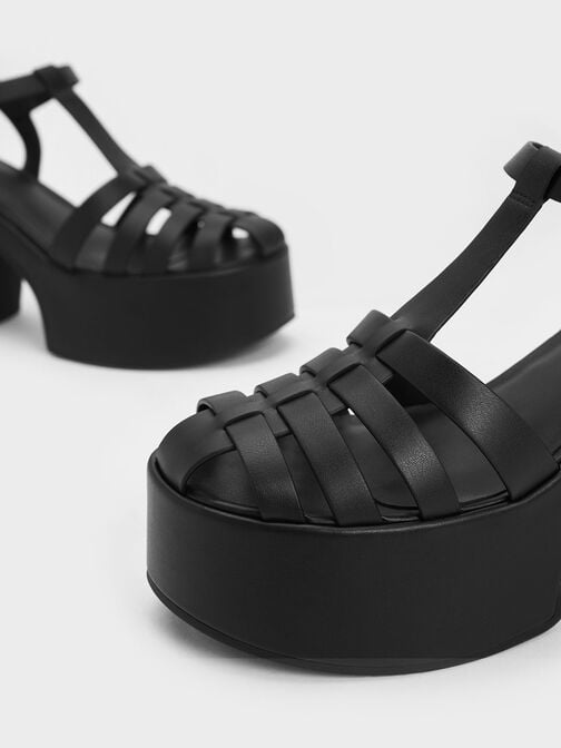 編織厚底楔型涼鞋, 黑色, hi-res