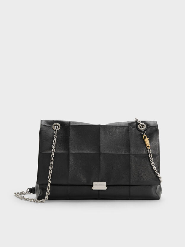 Large Delfina Quilted Chain-Strap Shoulder Bag, Black, hi-res