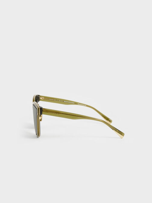 Gold-Trim Rectangular Sunglasses, Green, hi-res