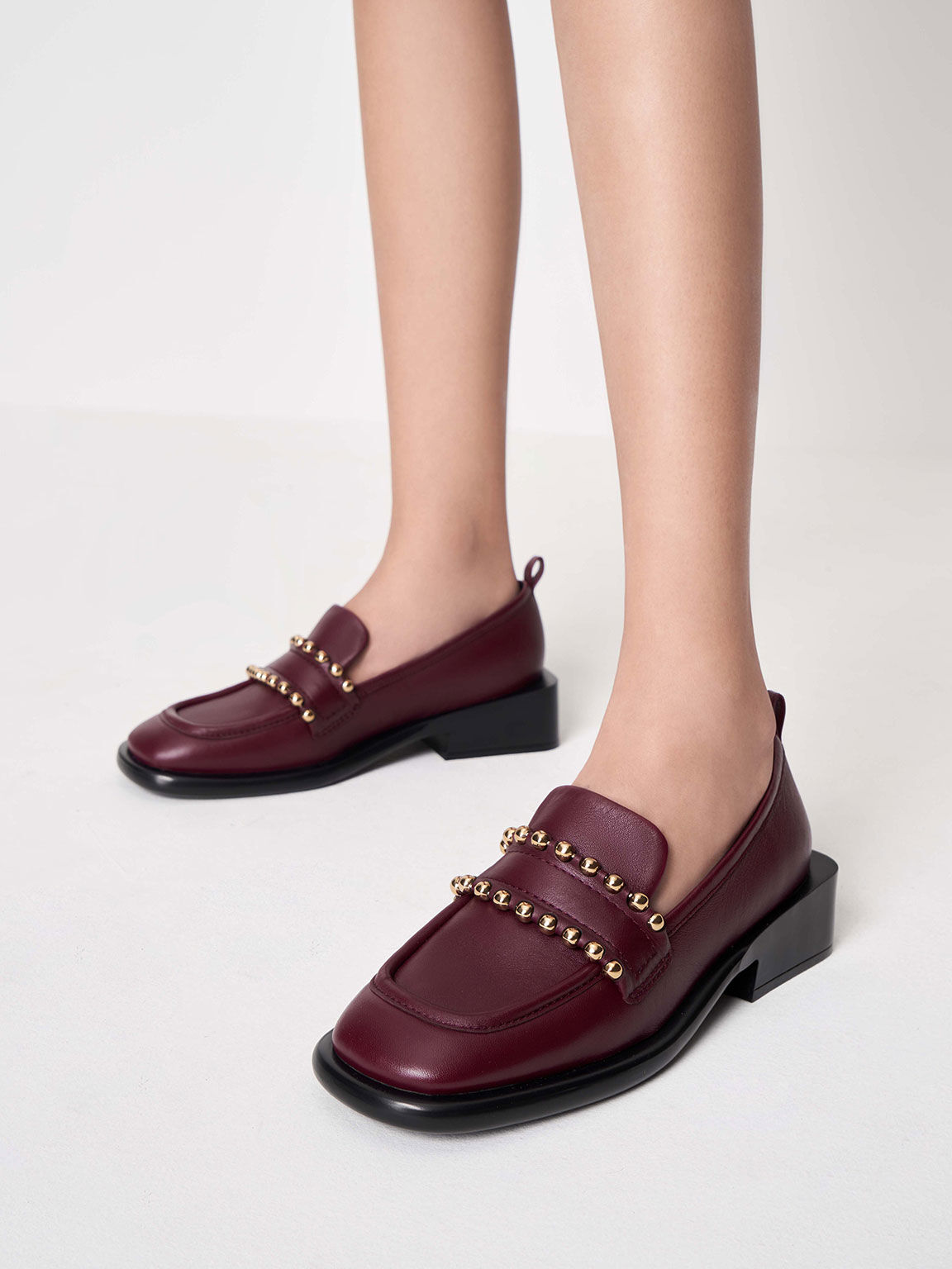 Studded Leather Penny Loafers, Prune, hi-res