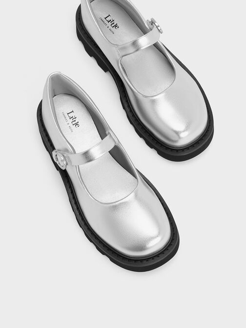 Girls' Metallic Platform Mary Janes, Silver, hi-res