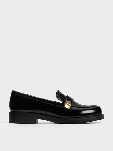 Metallic-Buckle Strap Loafers, Black Box, hi-res