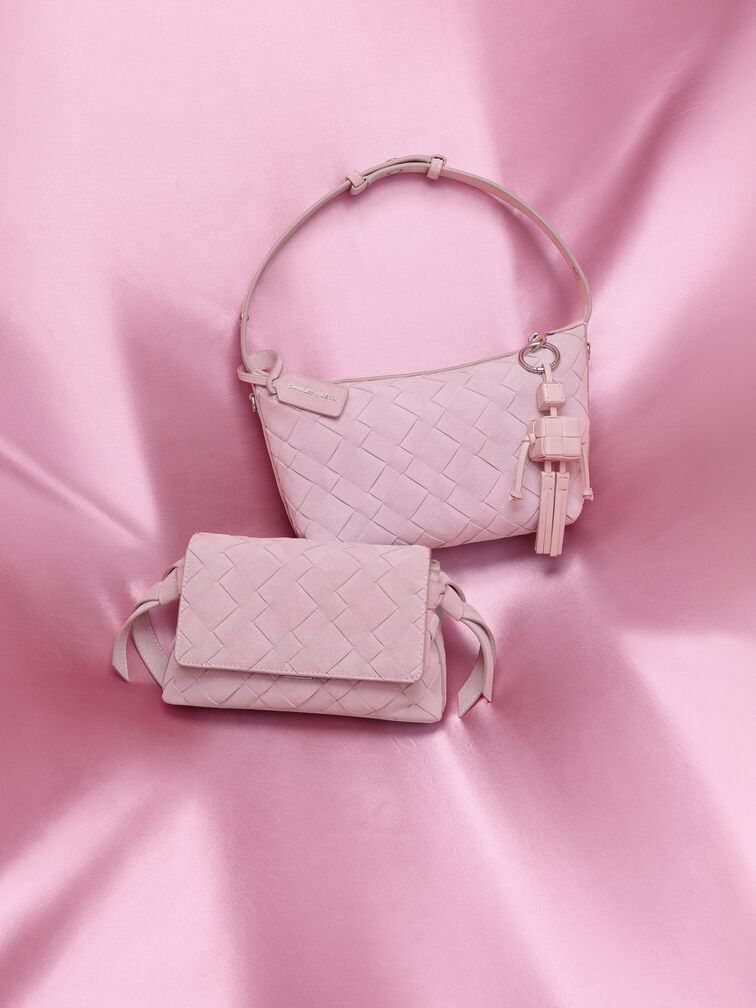 Ivette Recycled Suede Woven Crossbody Bag, Cotton Candy Pink, hi-res