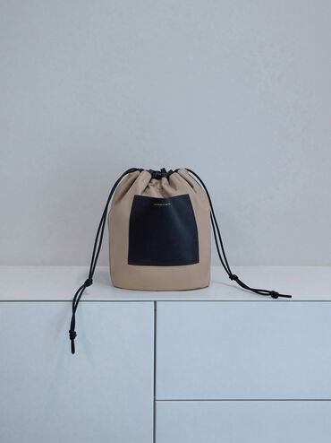 Sianna Ruched Drawstring Tote Bag, Black, hi-res