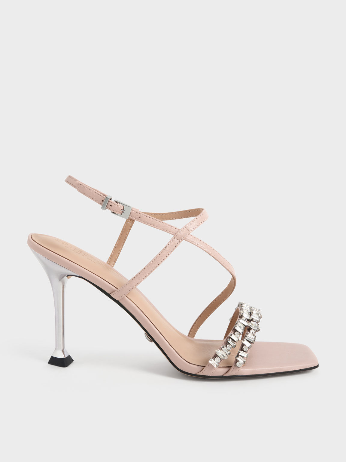 Leather Gem-Embellished Strappy Sandals, Nude, hi-res