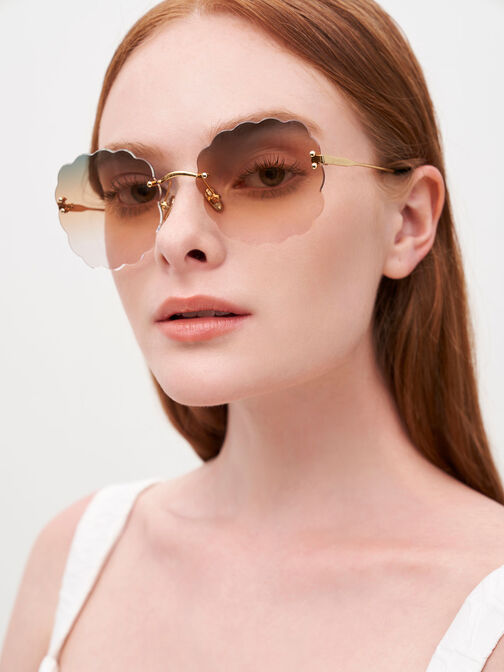 Multi-Tinted Scalloped Butterfly Sunglasses, Orange, hi-res