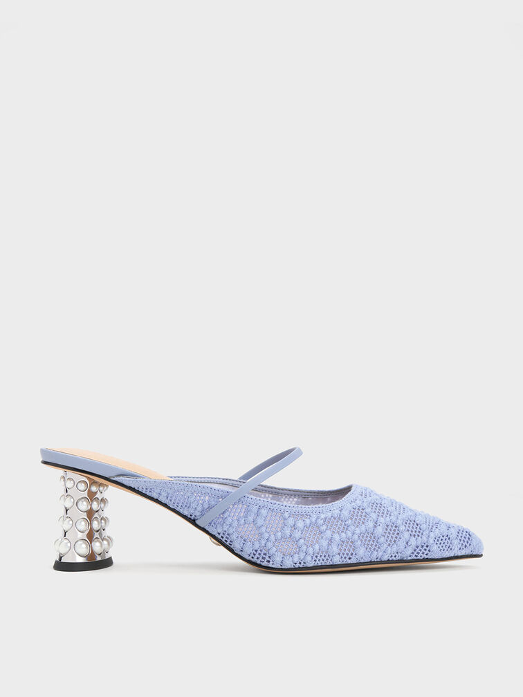 Crochet & Leather Beaded Heel Mules, Blue, hi-res