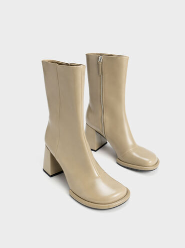 Tubular Zip-Up Calf Boots, Taupe, hi-res