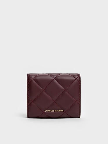 Arrietty Quilted Bow-Heart Charm Curved-Flap Wallet, Wineberry Red, hi-res